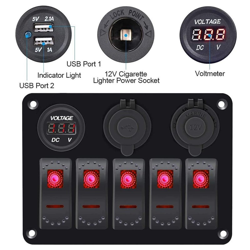 Garfour Red 5 Gang Marine Switch Panel - Waterproof Boat Switch Panel with 3.1A Dual USB, LED Voltmeter & Cigarette Lighter Socket for Boats, Trucks, RVs, SUVs - Image 4